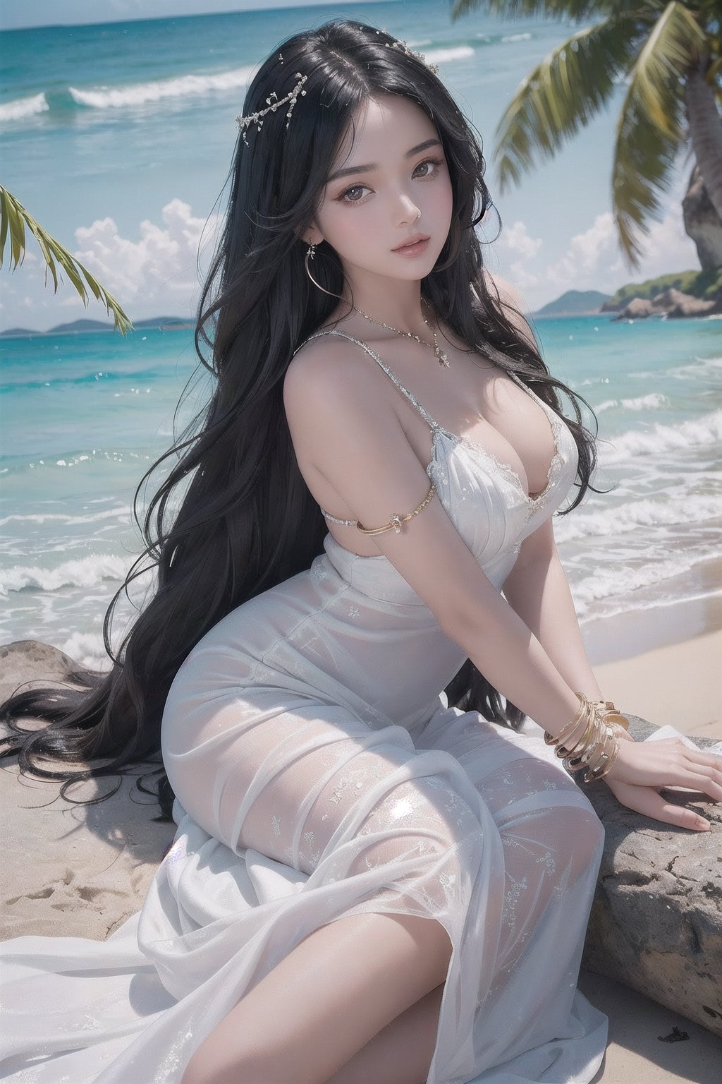 A young woman with long, raven-black hair sits majestically on a sun-kissed beach, her gaze directly meeting the viewer's. She wears a flowing white dress that hugs her curves, adorned with delicate jewelry and a sparkling bracelet. The gentle lapping of the waves creates a soothing soundtrack as she sits poised, surrounded by the serene beauty of nature.