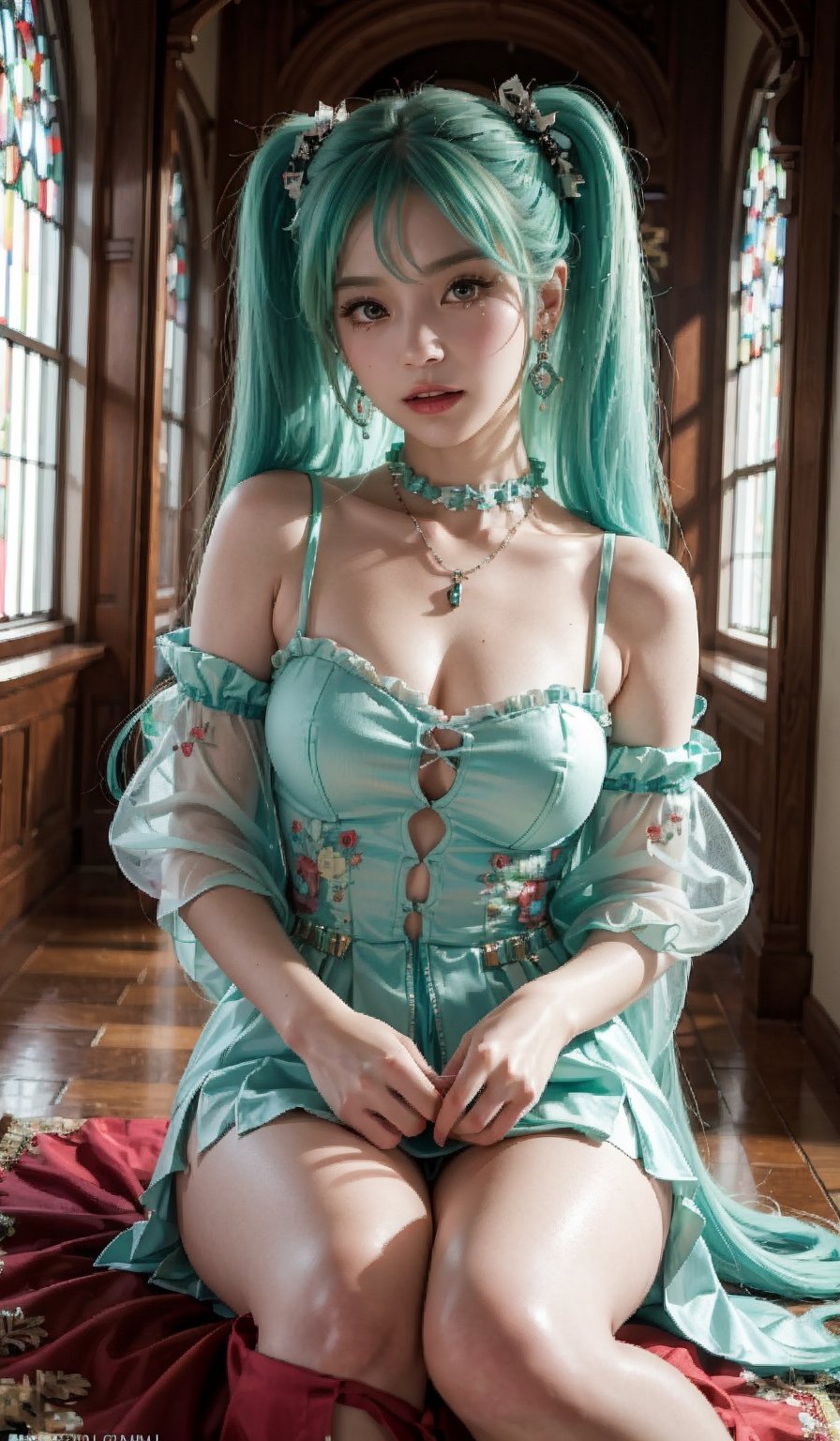 ((1 female)), Hatsune Miku, petite girl, full body, chibi, 3D figure little girl, green hair, twintails, beautiful girl with attention to detail, beautiful delicate eyes, detailed face, beautiful eyes,embroidery, accessories, necklace, earrings, reflection, evil grin,   red dress, frills, detached sleeves, frilled choker, , jewelrydetail, dynamic beautiful pose, dynamic pose, gothic architecture, natural light, ((real)) Quality: 1.2 )), Dynamic Distance Shot, Cinematic Lighting, Perfect Composition, Super Detail, Official Art, Masterpiece, (Best) Quality: 1.3), Reflections, High Resolution CG Unity 8K Wallpaper , Detailed Background, Masterpiece, ( Photorealistic): 1.2), random angle, side angle, chibi, whole body, mikdef,wrenchfaeflare