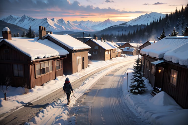 winter landscape. snow-covered roads, deep snow in the mountain,river atmospheric sky, WITH A person walking , aerial shot, professional realistic photography, masterpiece, high resolution, perfect composition, trending art, trend on artstation, digital painting, unreal engine, blender art by artgerm and greg rutkowski and alphonse mucha