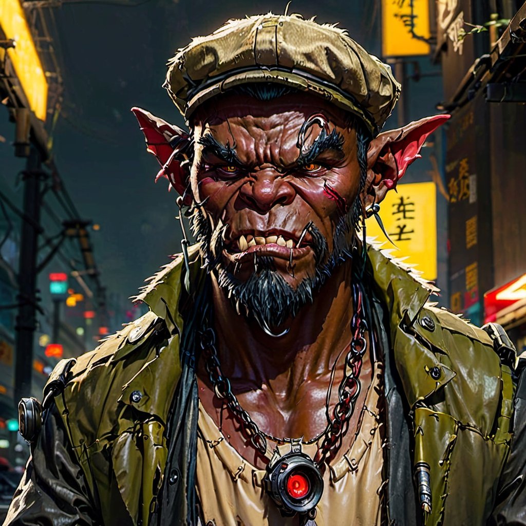 a red faced ork, in the shadowrun universe, wearing a french tweed Gavroche Cap, a beige tee shirt and a black jean. Looking like a japanese Oni, no decoration, no jewels, just a long armored jacket