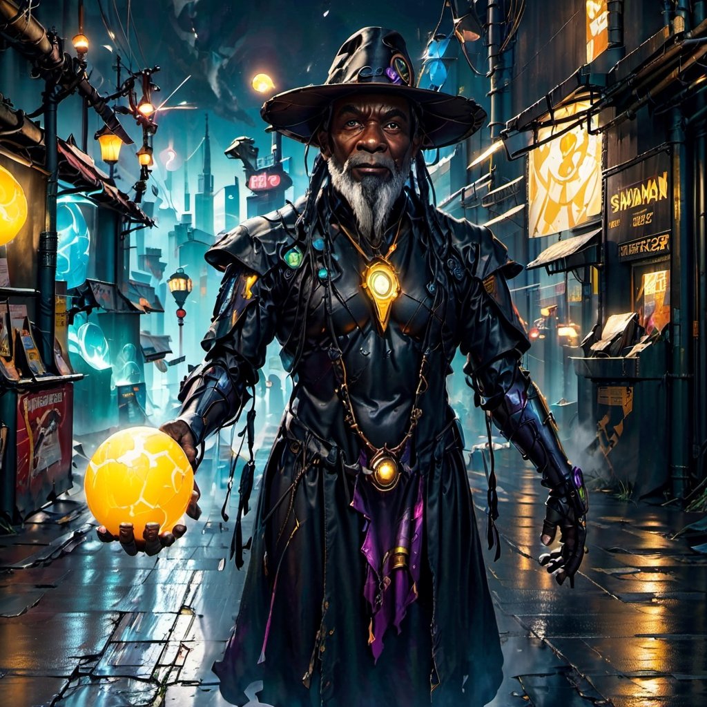 Black dwarf, magician, in his fifties, short black hairs, retired, generous, local shaman , in the shadowrun universe, poor education center in a dark cyberpunk futur background