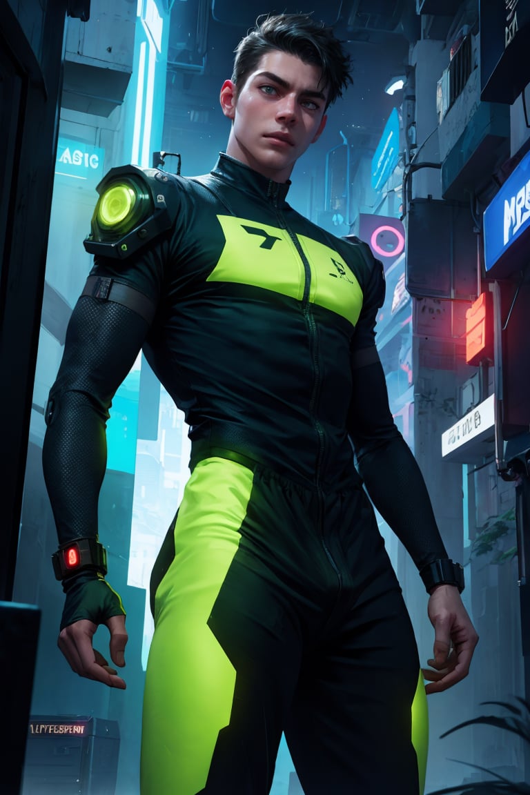 highres, realistic, (1boy, male focus), cyberpunk ninja, futuristic city, ready to fight, looking_at_viewer, area lighting, cowboy_shot, green body suit, 