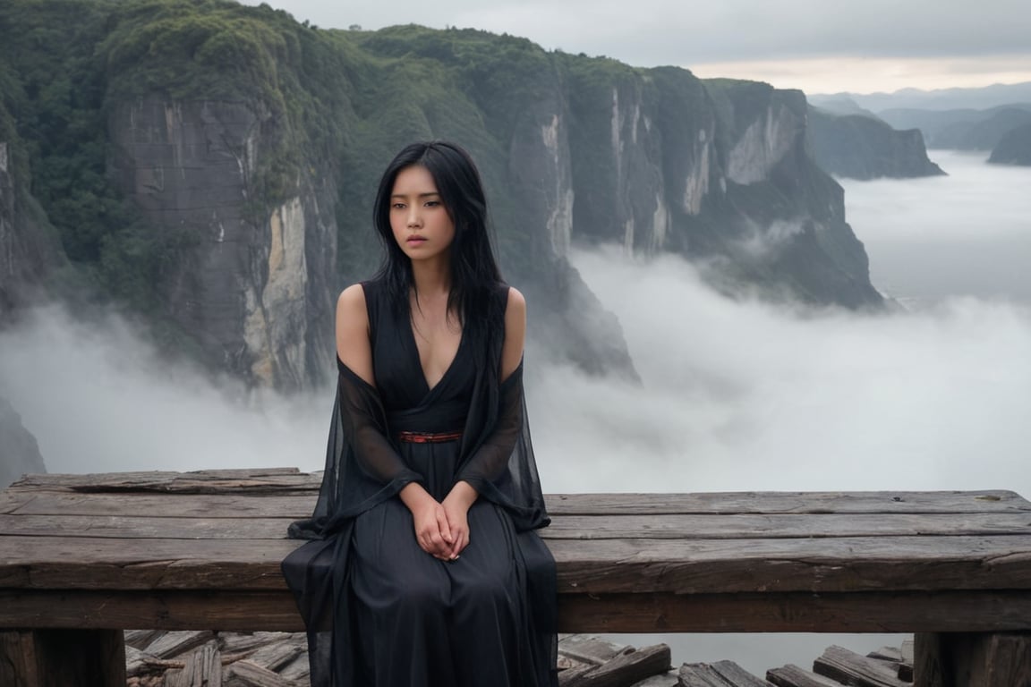 A young chinese girl with fiery, waist-length black hair, her delicate features marked by sorrow, perched on a weather-beaten, splintered wooden bench.  She is enveloped by a haunting panorama of colossal cliffs shrouded in ethereal mist, the desolation palpable in the air. A deep, melancholic aura permeates the scene, evoking a poignant blend of solitude and despair,flat chested