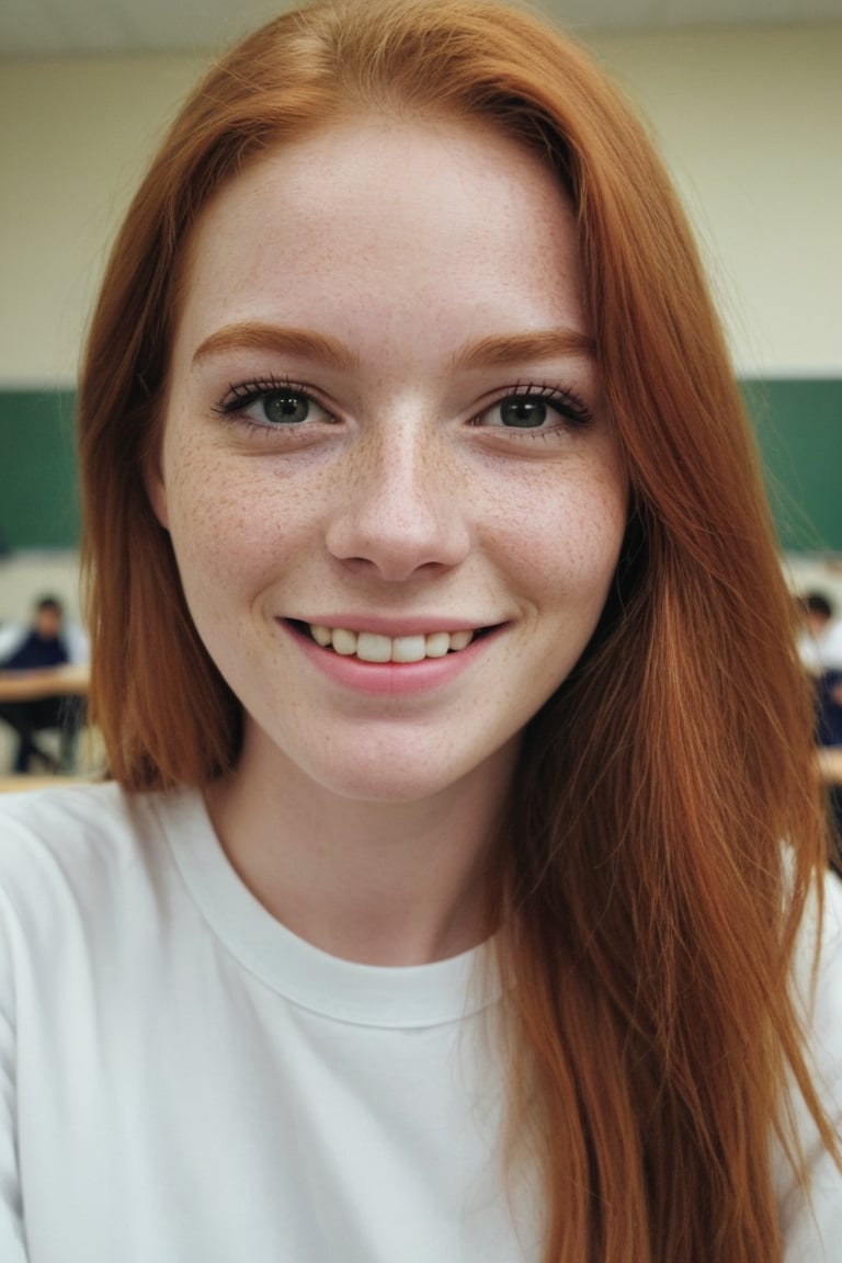 amateur cellphone photography of a redhead woman with long hair wearing a white shirt at school (smile:0.2), (freckles:0.2), (makeup:1.0) . f8.0, samsung galaxy, noise, jpeg artefacts, poor lighting, low light, underexposed, high contrast, looking at viewer, 