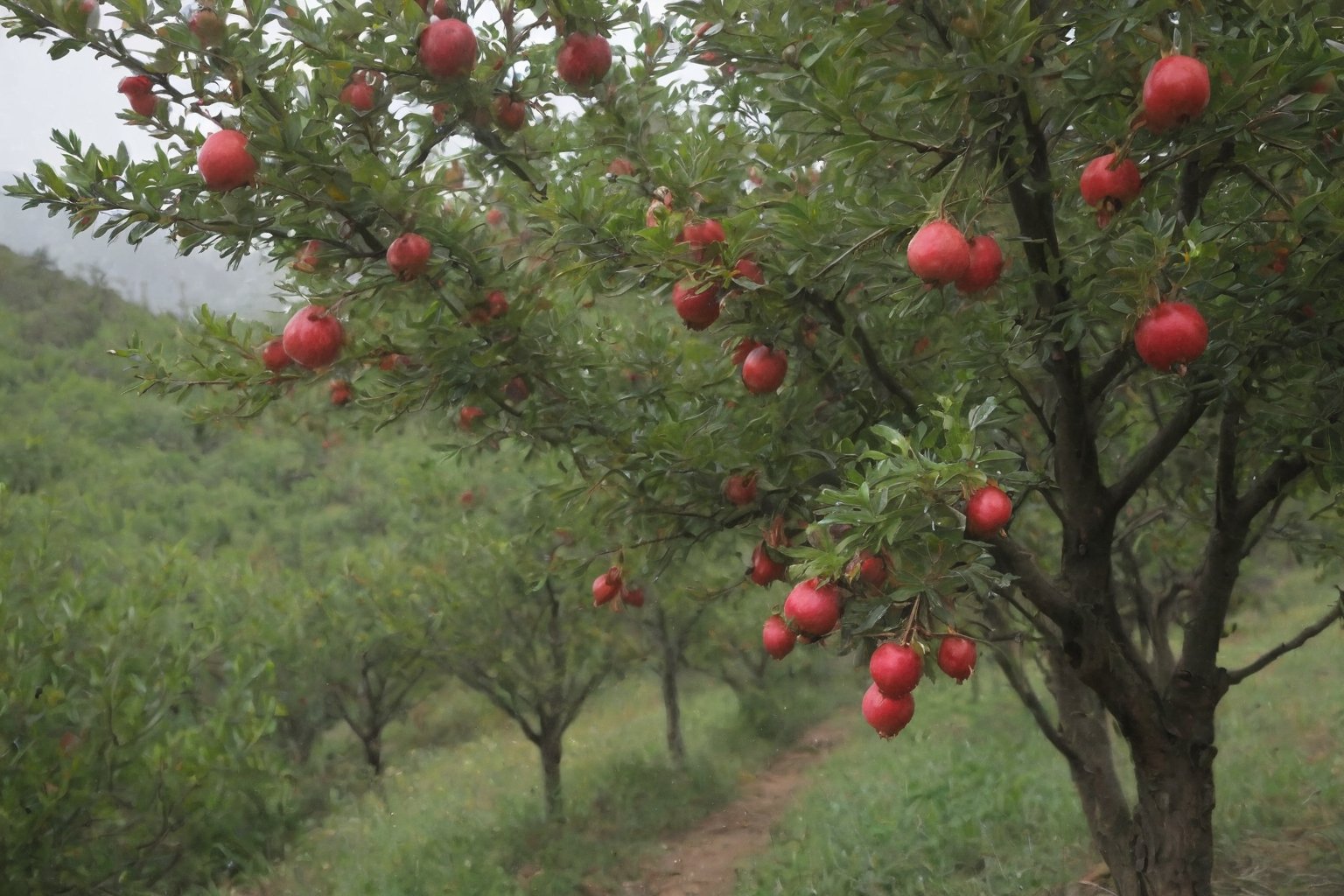 Slight drizzle, the mountains are filled with pomegranate trees, they have bloomed