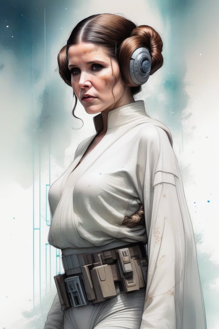 Princess Leia from Star Wars, full body, Kim Jung gi, freedom, soul, digital illustration, comic style, cyberpunk, perfect anatomy, centred, approaching perfection, dynamic, highly detailed, watercolour painting, artstation, concept art, smooth, sharp focus, illustration, art by Carne Griffiths and Wadim Kashin,