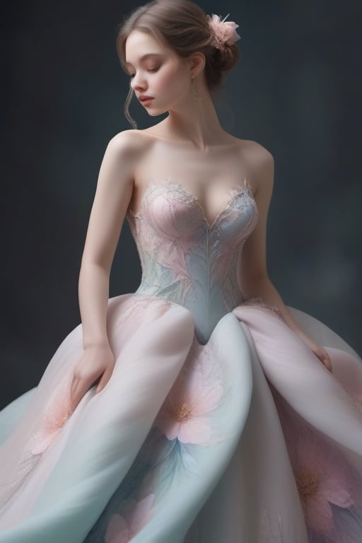 A close-up centre view of an ethereal, Fairy reveals breast pastel hues delicately painted onto her gown. The soft, cascading petals of her dress are adorned with gentle pastel strokes, creating a delicate, dreamlike effect. The fine contours of her form stand out against the pristine, polished white marble, blending classical elegance with the softness of pastel art. This exquisite close-up reveals intricate details, every curve, and fold of her gown, capturing the essence of enchantment in a timeless masterpiece, 3D renderv0.2