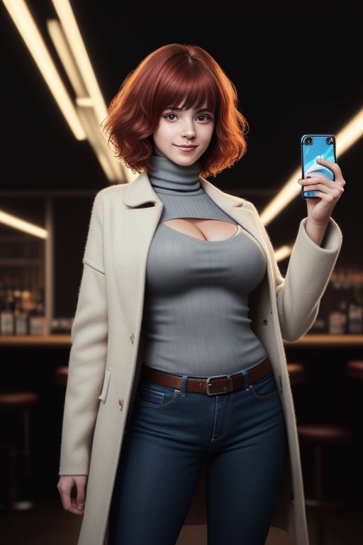 (masterpiece), 1 girl, realistic, closeup face photo of almost beautiful french woman in a disco at night, instagram photo, taking a selfie, extremely light detailed and symmetric eyes with circular iris, big-breasted, big buttocks, ((from botton, bottom view)), happy, red hair, short hair, bangs hair, fashion photography, (Wearing wearing Wool Coat , Turtleneck Sweater, striped skinny jeans pants , Knee-High Boots), head and shoulder shot, blurred background, depth of field, instagram LUT, picture taken with cellphone, skin texture, happy, perfect face, perfect eyes, beautiful face, 18 years old, luminism, Bar lighting, perfect hands, very detailed hands, human hands, wonderfull, elegant, big-breasted, approaching perfection, dynamic, highly detailed, character sheet, concept art, smooth, facing directly at the viewer positioned so that their body is symmetrical and balanced, perfect hands, sunlight, soft neon lights, stunningly beautiful teenage girl, detailed hairstyle, character focus, seductive smile, cleavage, dynamic lighting, deep shadow, low key,LuxuriousWheelsCostume,Oversized shirt,Detailedface,