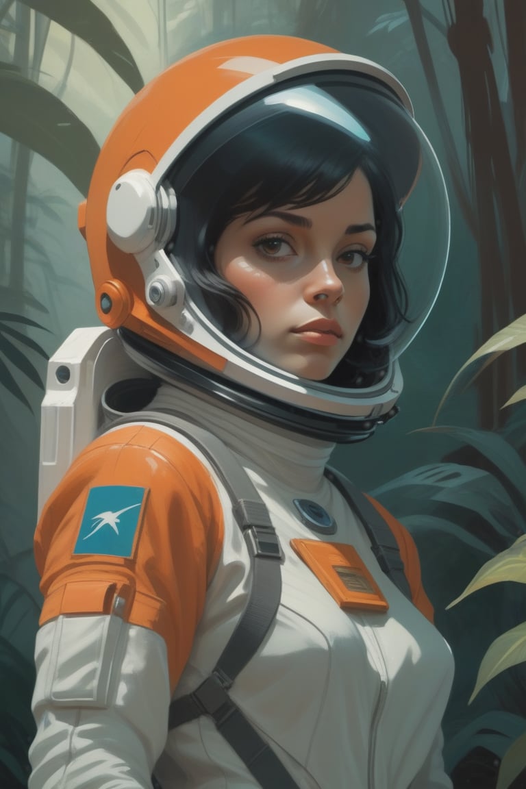 waist-up "female Astronaut in a Jungle" by Syd Mead, broken helmet tangerine cold color palette, muted colors, detailed, 8k