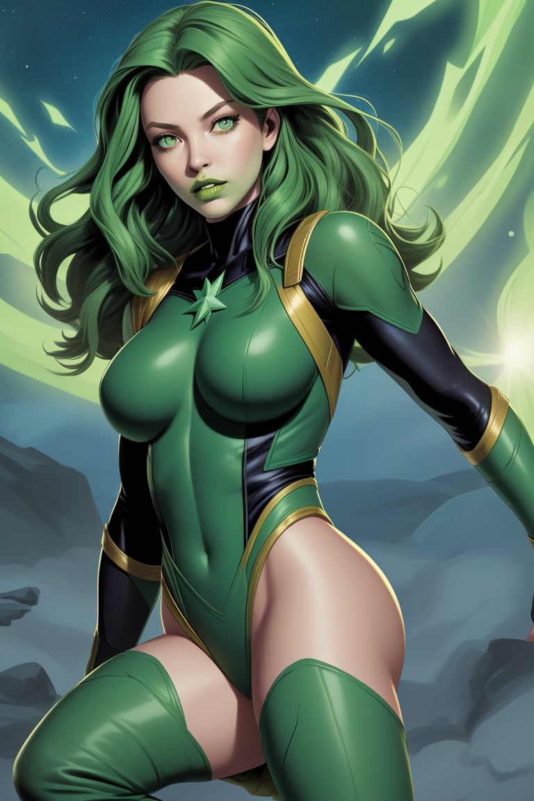 Lorna Dane also known as Polaris from marvel comics. Green hair. Green eyes. Green lips. Green bodysuit. Green boots.