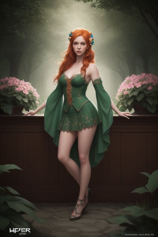 35mm, incredibly hyper-detailed and intricately realistic, female, adult, full body character, forest nymph, adult, beautiful, girly, orange hair, green eyes, flowery outfit, flowers in hair, detailed face, light skin, facial features mature, garden background, cover art, hyper-detailed painting, lighting, bar lighting, resort, 4k resolution concept art portrait.