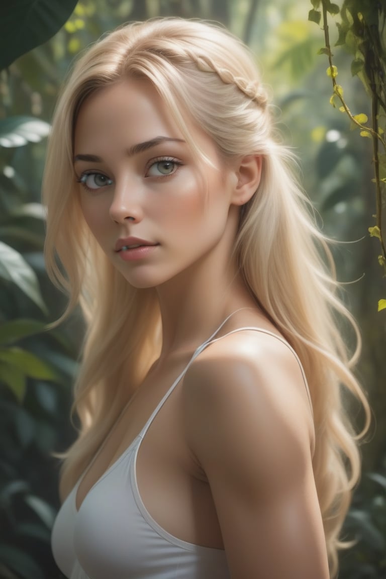 In a captivating jungle setting, a medium close-up photo captures the allure of a lovely fitness girl. She stands with flowing blond hair, adorned with delicate vines, basking in the sun's radiant glow. The scene is vivid and rich, presented in 8K resolution for optimal quality. Her captivating charm is accentuated by sheer white nightwear that hints at her features. The image is a masterpiece that plays with light and shadow, achieving striking contrast and depth of field. The attention to detail extends to her face, reflecting lifelike nuances in the style reminiscent of SamDoesArts.This arresting image celebrates natural beauty and allure, encapsulating the essence of an enchanting moment amid the lush jungle. A breathtaking uncensored portrayal of a captivating woman in an intimate solo scene. She possesses remarkable beauty, with flawless features and aura. Her hair, white and styled in a ponytail with coloured tips and inner hair