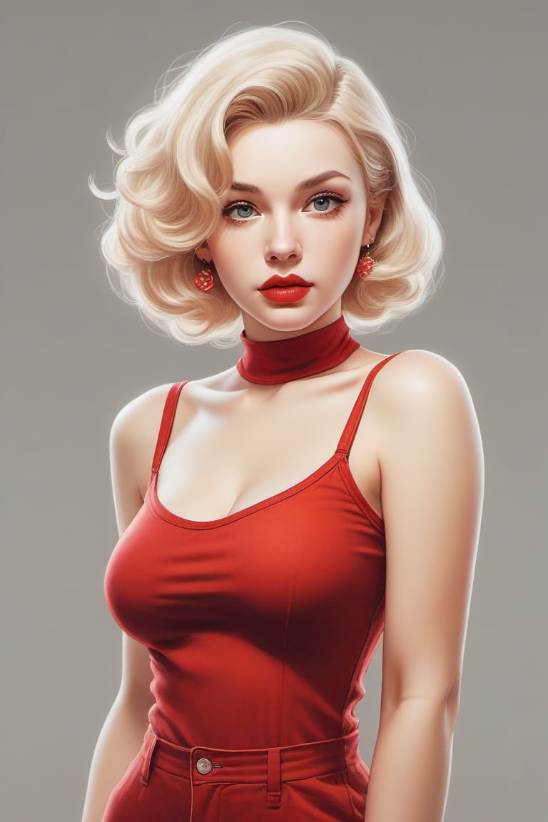 sticker (w\o an outline), pin-up, a waist-high shot of the beautiful Monroe, (((red jumpsuit))), (bigtits:1.8),T-shirt design, clean design, ((white background)) , nice perfect face with soft skin , by Dmitry Moor, by Gustav Klimt , vibrant watercolor tones, concept art, 8k resolution, oil painting, black vignette