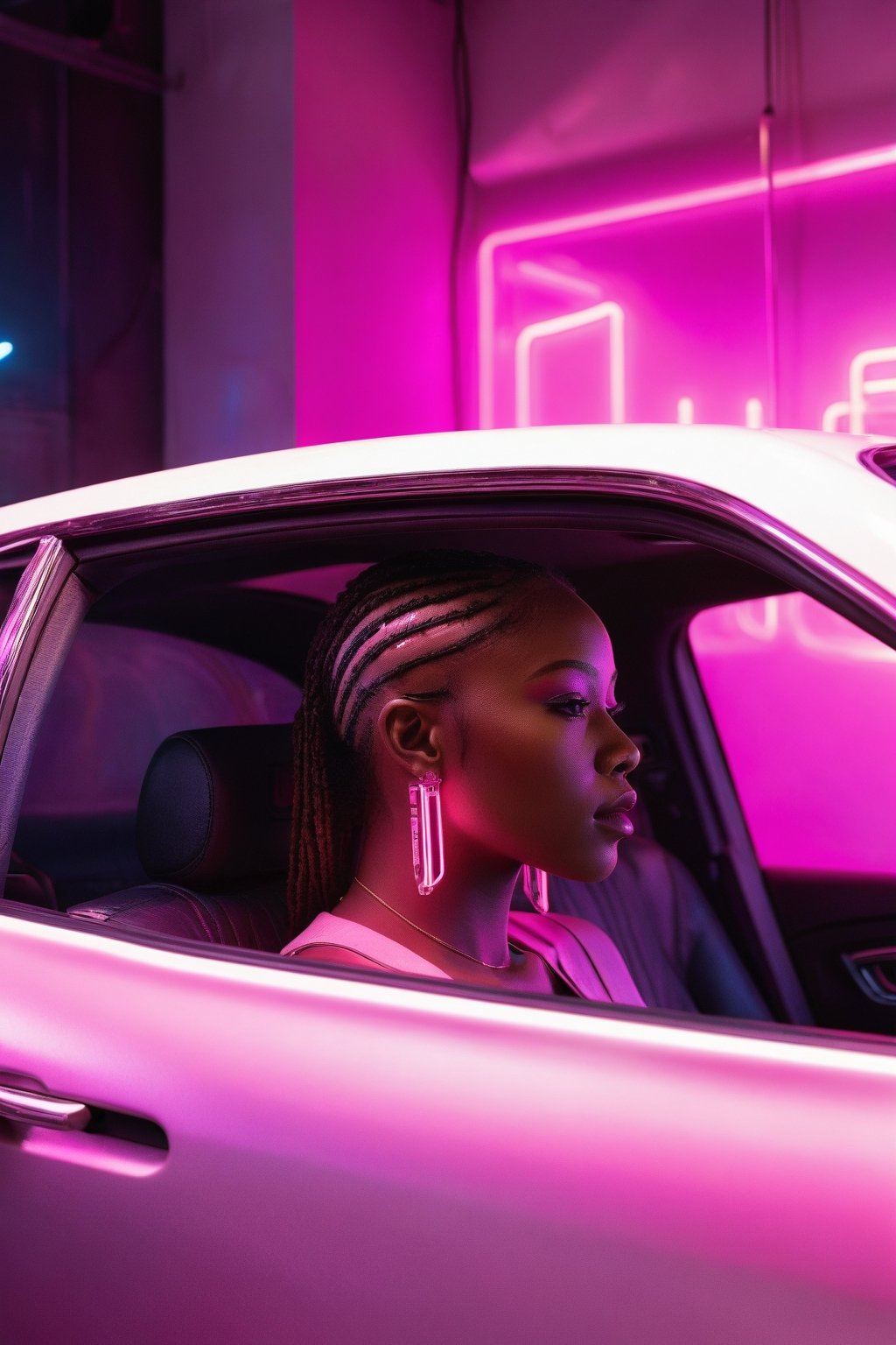 (ultra realistic,best quality),photorealistic,Extremely Realistic, in depth, cinematic light,hubgwomen,hubg_beauty_girl, african, nigerian

car, from side, , cyberpunk, neon lights, pink theme, indoors, transparent

intricate background, realism,realistic,raw,analog,portrait,photorealistic