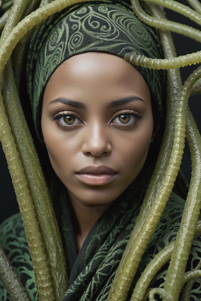 ebony woman, by Hendrik Kerstens, photograph, Iranian (Algae of Logarithm:1.3) , detailed with Seductive patterns, with Safari trimmings, trees, key light, film camera, 800mm lens, Vibrant Color,pstlneopunk