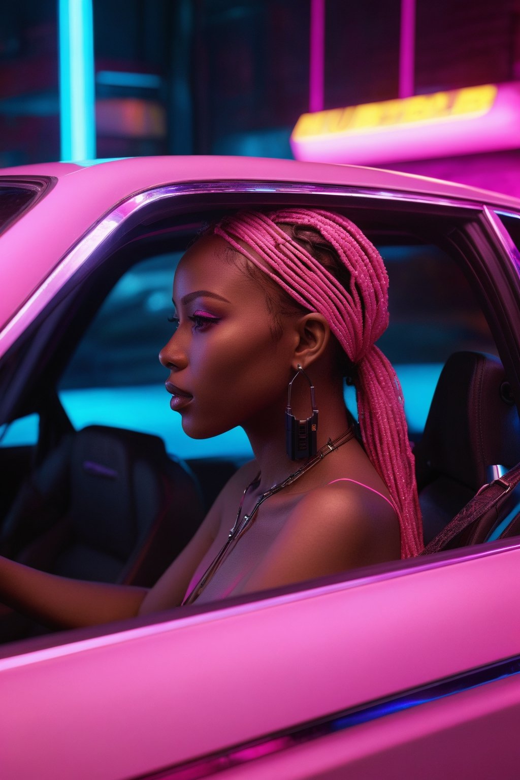 (ultra realistic,best quality),photorealistic,Extremely Realistic, in depth, cinematic light,hubgwomen,hubg_beauty_girl, african, nigerian

car, from side, , cyberpunk, neon lights, pink theme, indoors, transparent

intricate background, realism,realistic,raw,analog,portrait,photorealistic, 8k
