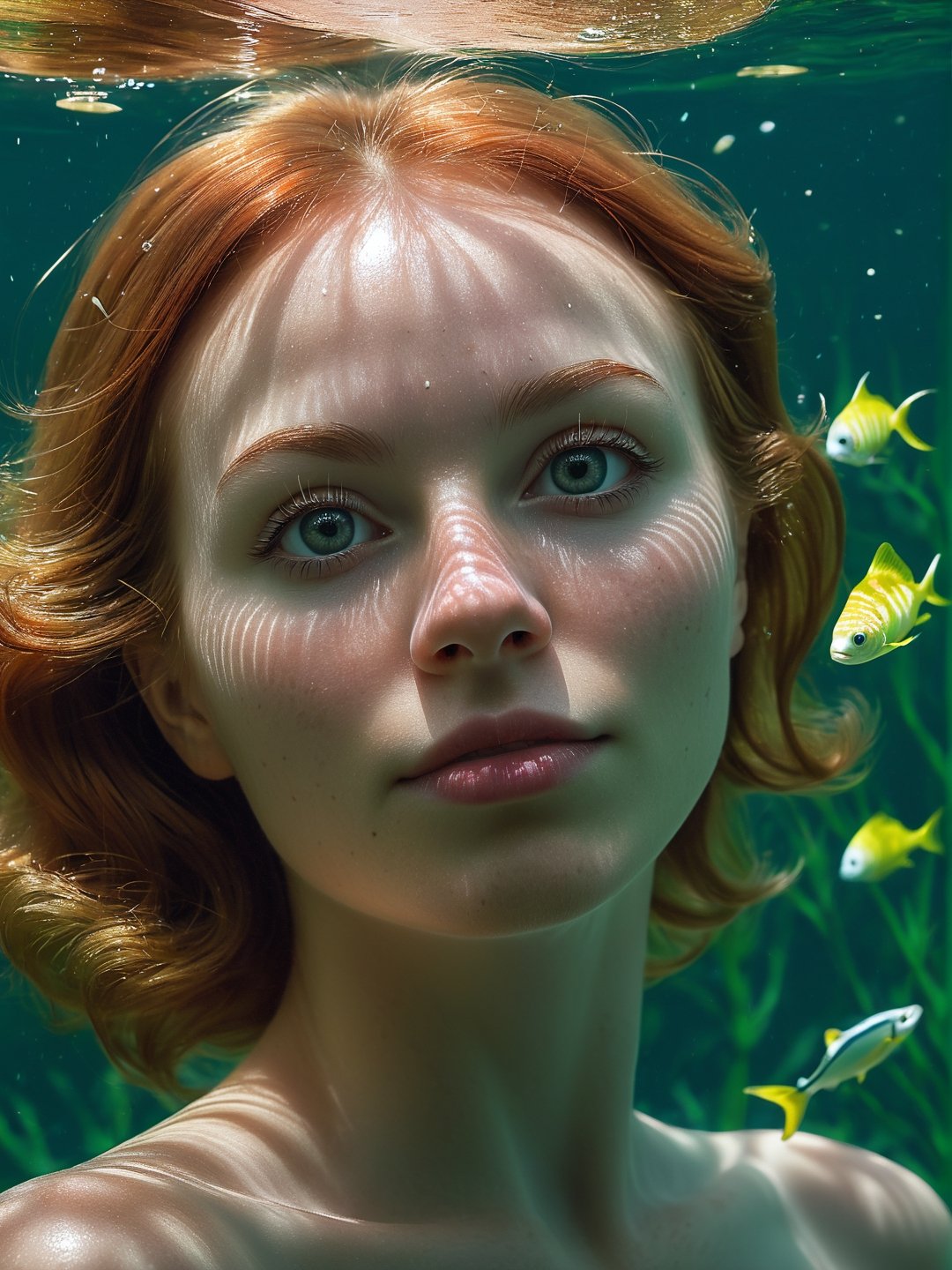 photo r3al, best quality, adult African female, relaxed, copper hair, (freckles on bridge of nose:0.3), underwater, photorealistic, ultra realistic, (small breasts), upper body, realistic eyes, (sea plants:0.5), (bubbles:0.5), nude, naked, nsfw, upper body, skinny, waves, swimming, (closed mouth), detailed face, (((openedeyes))), happy, floating hair,