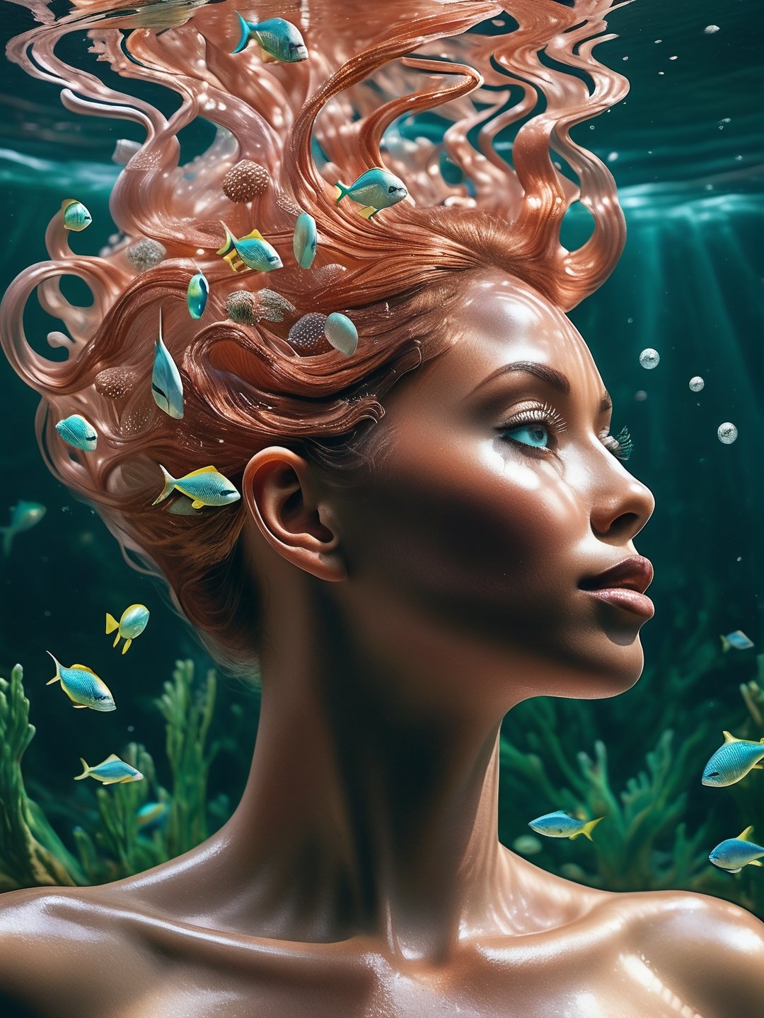 photo r3al, best quality, adult african female, relaxed, copper hair, (freckles on bridge of nose:0.3), underwater, photorealistic, ultra realistic, (breasts), torso, realistic eyes, (sea plants:0.5), (bubbles:0.5), nude, naked, nsfw, upper body, skinny, waves, swimming, (closed mouth), detailed face, (((openedeyes))), happy, floating hair,full body, lower body, makeup,  wide body, wide shoulders,underwater