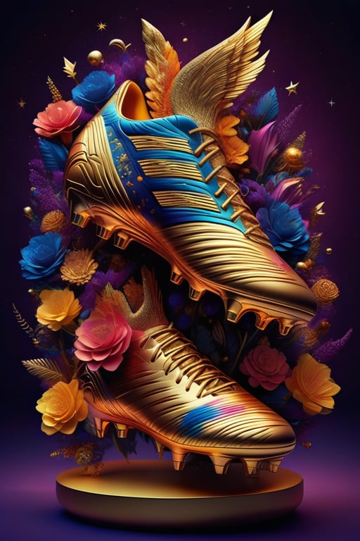 A golden boot featuring a  Lionel Messi  in the style of colorful fantasy, made of flowers  realistic sculptures, magewave, layered and complex compositions, chalk, spirals, cosmic background`, centered, symmetry, painted, intricate, volumetric lighting, beautiful, rich deep colors masterpiece, sharp focus, ultra detailed, in the style of dan mumford and marc simonetti, astrophotography.