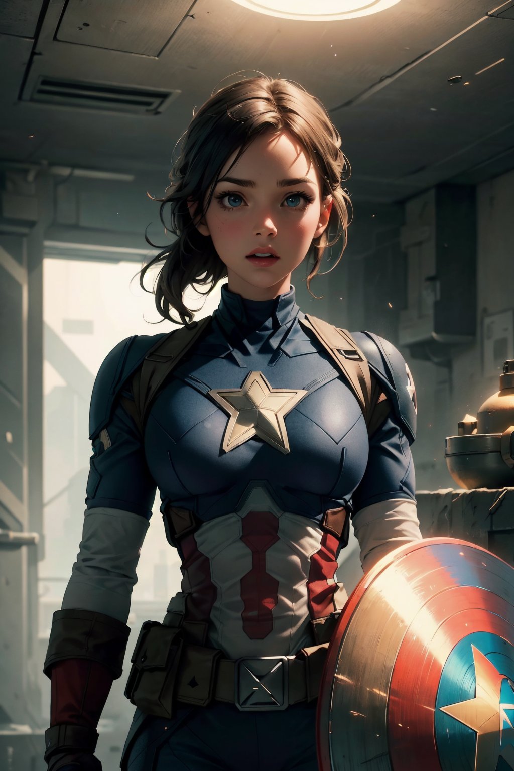 Highres, best quality, extremely detailed, area lighting in background, HD, 8k, 1girl, cute, captain america