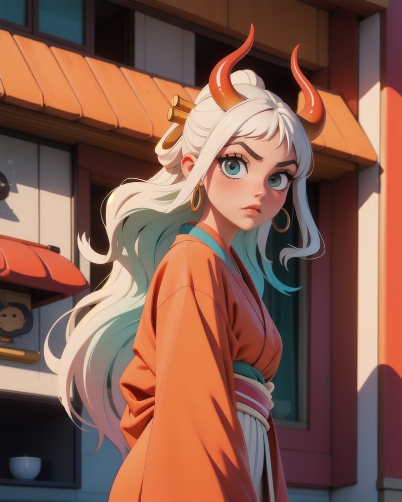 white hair, highlight tosca long hair, red and orange gradation horn, street wear kimono, best quality, ,Yamato