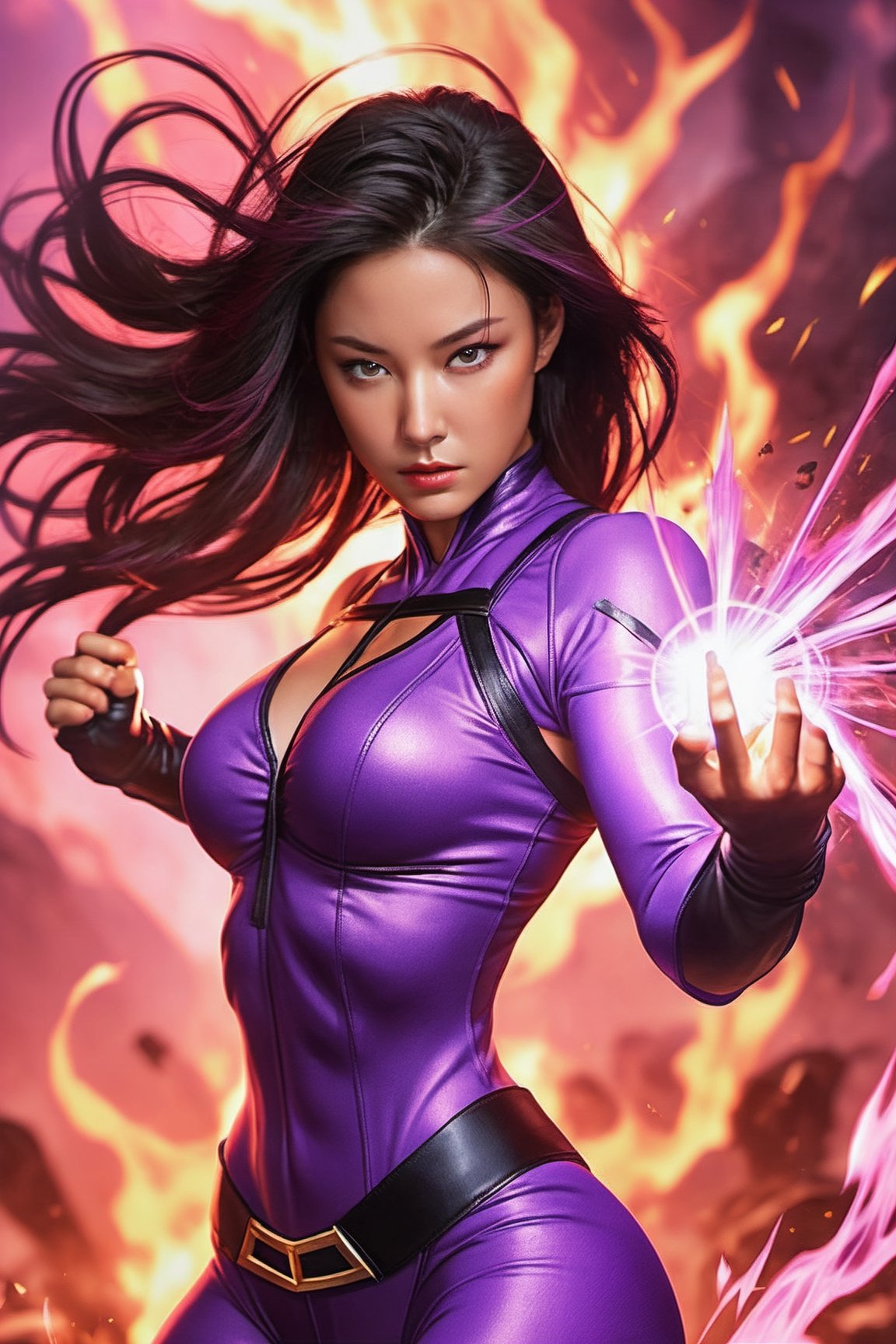 X-men Psylocke,  UHD,  super detailed, cleavage, medium breasts, muscular physique,  perfect muscular body,  full_body,  battle_stance,  punching into viewer with purple fire coming out from fists, perfect fingers, purple fire all over body