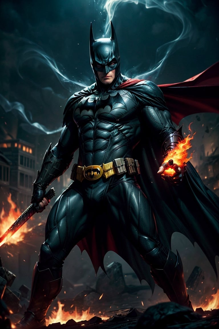 Masterpiece, UHD, 4k, "Visualize the legendary "Batman", a prominent character from "Batman" Comic. full body, He's bloody and muscular physique, reflecting his formidable strength. Red Glowing Eyes

"Batman" is clad in his signature suit, holding katana.

Set him against a background of another Batman in raging fire in a samurai village, with black flames dancing in the backdrop, creating an inferno-like atmosphere. The flames should emphasize his fiery abilities and his unwavering resolve.

Capture this image to pay homage to Batman character, showcasing his powerful presence and his association with the element of black-fire. ((Perfect face)), ((perfect hands)), ((perfect body))