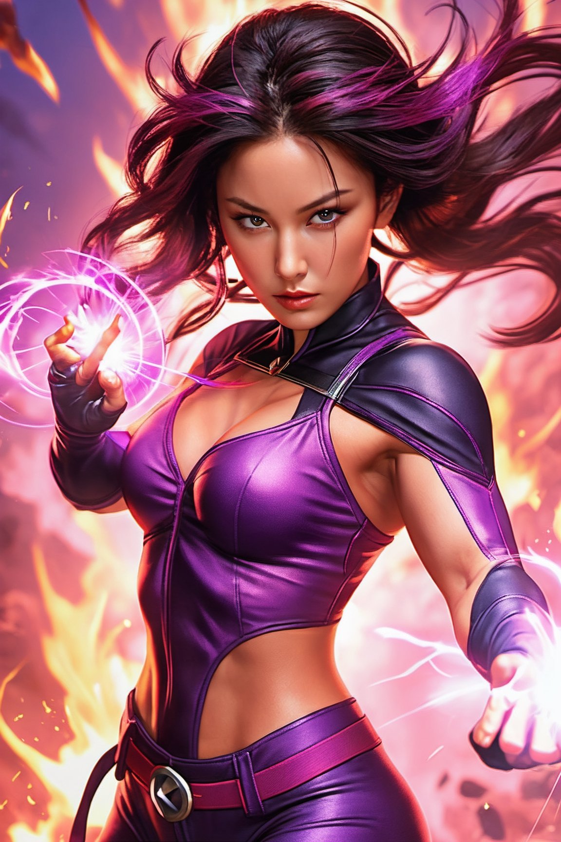 X-men Psylocke,  UHD,  super detailed, cleavage, medium breasts, muscular physique,  perfect muscular body,  full_body,  battle_stance,  punching into viewer with purple fire coming out from fists, purple fire all over body