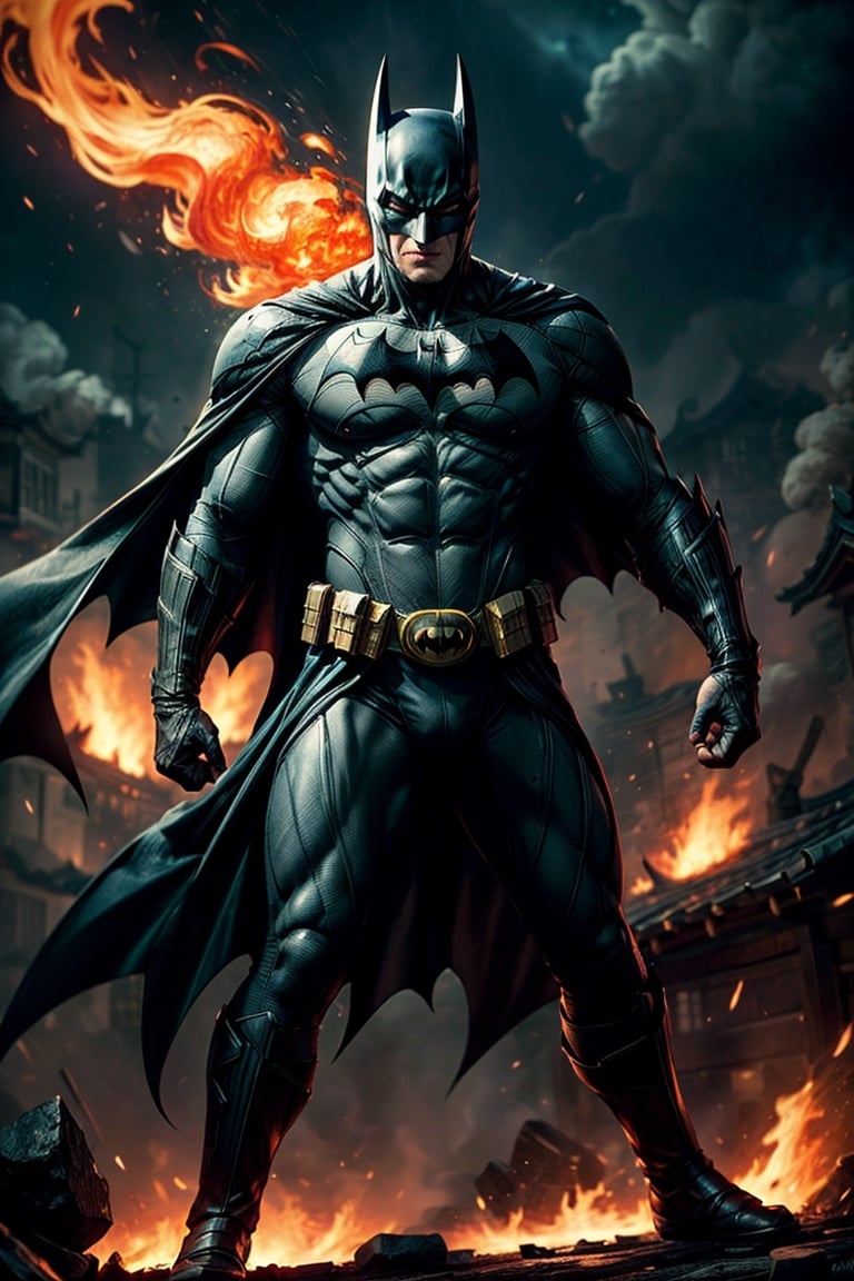 Masterpiece, UHD, 4k, "Visualize the legendary "Batman", a prominent character from "Batman" Comic. full body, He's bloody and muscular physique, reflecting his formidable strength. Glowing Eyes

"Batman" is clad in his signature suit. His defining ability is his mastery over guns.

Set him against a background of another Batman in raging fire in a samurai village, with black flames dancing in the backdrop, creating an inferno-like atmosphere. The flames should emphasize his fiery abilities and his unwavering resolve.

Capture this image to pay homage to Batman character, showcasing his powerful presence and his association with the element of black-fire. ((Perfect face)), ((perfect hands)), ((perfect body))
