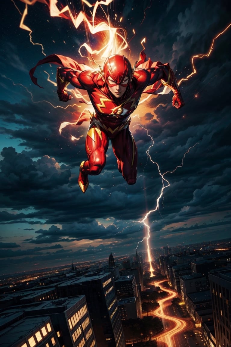 Masterpiece, Dc comics the flash, running, dc comics Superman flying behind and chasing him, epic sky, lightning