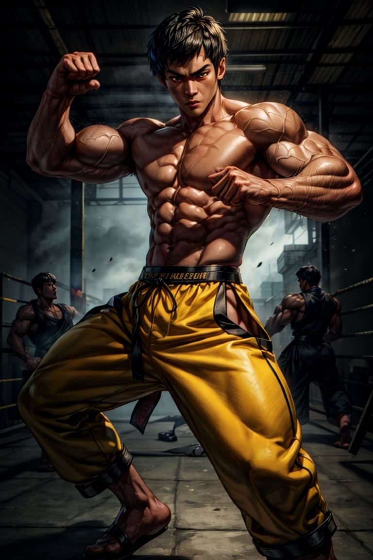 Masterpiece, UHD, 4k, realistic, the legendary Bruce Lee, a prominent martial artist, epic picture, muscular lean body, fighting pose, standing, half body, intense serious face, looking at viewer, wearing yellow pants, neat short_hair,perfecteyes