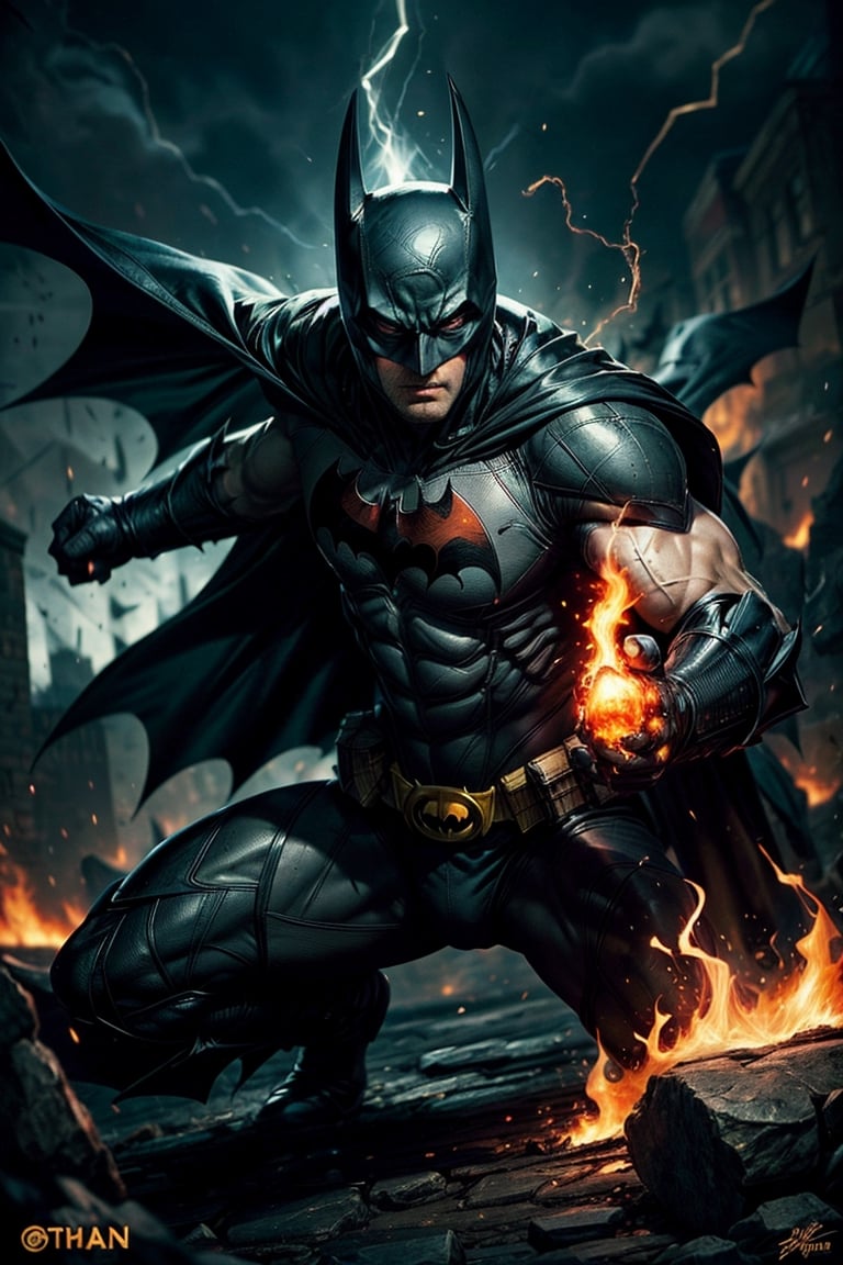 Masterpiece, UHD, 4k, "Visualize the legendary "Batman", a prominent character from "Batman" Comic. full body, He's bloody and muscular physique, reflecting his formidable strength. Gold Glowing Eyes with electricity

"Batman" is clad in his signature suit. His defining ability is his mastery over guns.

Set him against a background of another Batman in raging fire in a samurai village, with black flames dancing in the backdrop, creating an inferno-like atmosphere. The flames should emphasize his fiery abilities and his unwavering resolve.

Capture this image to pay homage to Batman character, showcasing his powerful presence and his association with the element of black-fire. ((Perfect face)), ((perfect hands)), ((perfect body))