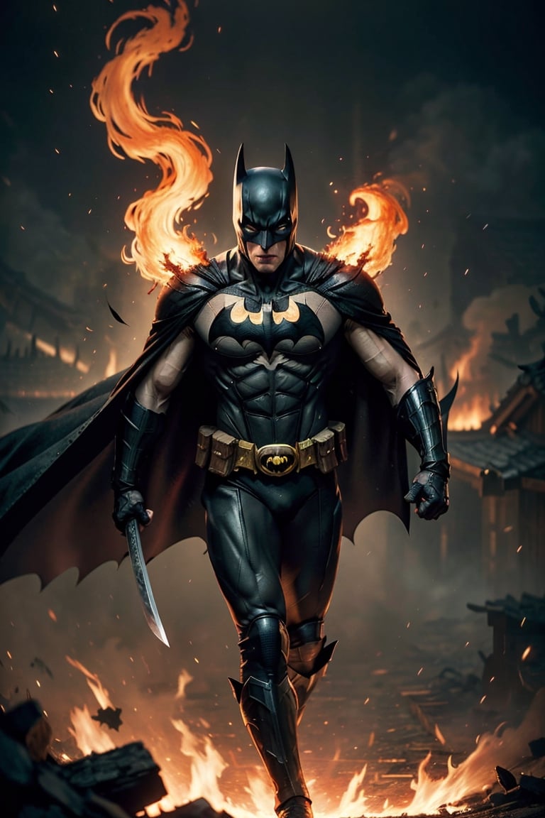 Masterpiece, UHD, 4k, "Visualize the legendary "Batman", a prominent character from "Batman" Comic. full body, He's bloody and muscular physique, reflecting his formidable strength

Batman" is clad in his signature suit, with black cape, holding katana. 

Set him against a background of another Batman in raging fire in a samurai village, with black flames dancing in the backdrop, creating an inferno-like atmosphere. The flames should emphasize his fiery abilities and his unwavering resolve.

Capture this image to pay homage to Batman character, showcasing his powerful presence and his association with the element of black-fire. ((Perfect face)), ((perfect hands)), ((perfect body))