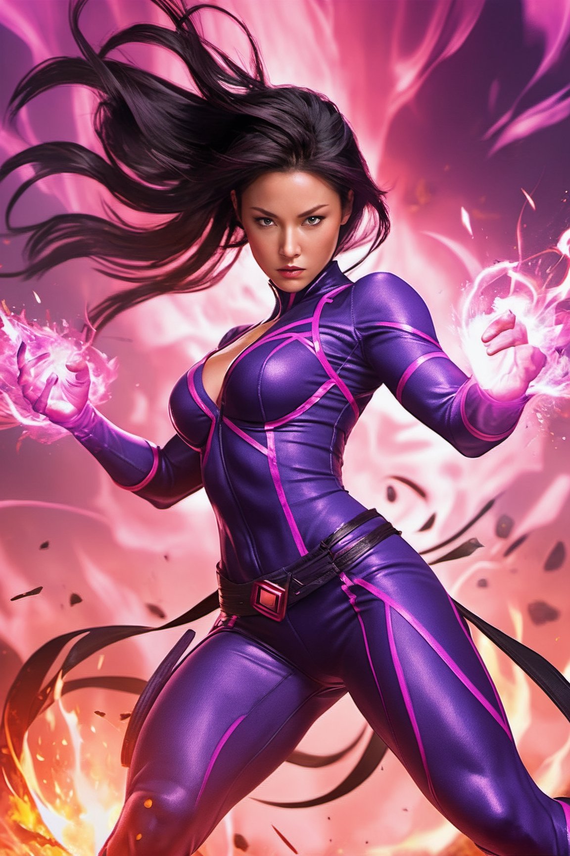 X-men Psylocke,  UHD,  super detailed, cleavage, medium breasts, muscular physique,  perfect muscular body,  full_body,  battle_stance,  punching into viewer with purple fire coming out from fists, purple fire all over body