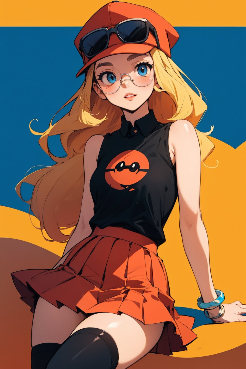 (masterpiece, best quality), 1girl,  serena (pokemon),1girl,hat,sunglasses,long hair,blonde hair, blue eyes,bracelet,sleeveless shirt,black shirt,red skirt,pleated skirt,black thighhighs,