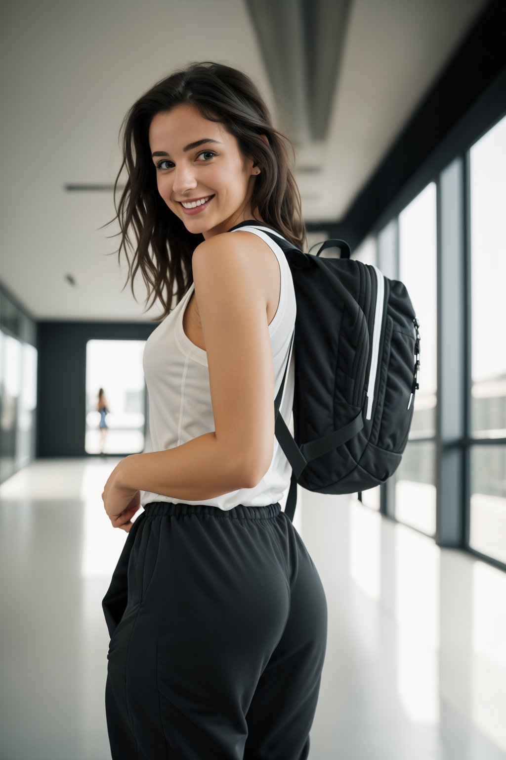 masterpiece, beautiful (sexy 1.3) brunette girl, running, runaway, inside creative office, smiling, backpack, jumpsuit, black hair, rear view, petite face, natural light, UHD 4k, photorealistic,