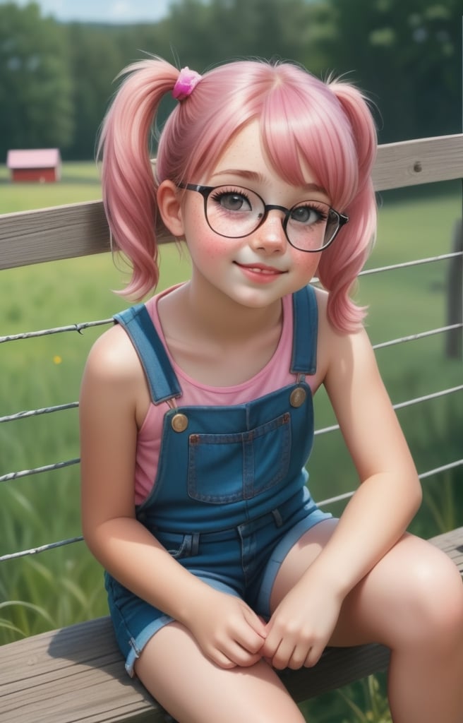 Cute innocent childlike pink-haired 14 years old girl wearing cute pink girly Top and Denim shorts blush on face, pigtails freckles glasses sitting on a farm fence