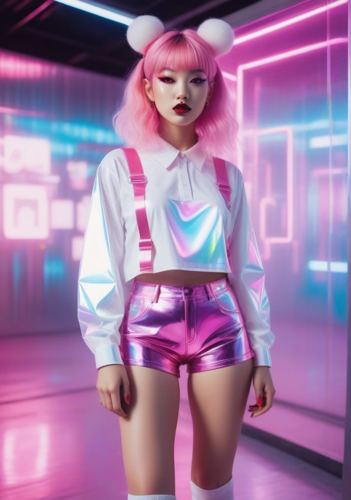 there is a woman in a pink and white shirt and shorts, a hologram inspired by David LaChapelle, tumblr, holography, y 2 k cutecore clowncore, anaglyph effect ayami kojima, chrome outfit, sakimichan hdri, rave outfit, holographic, glitchpunk girl, bold rave outfit, cute rave outfit