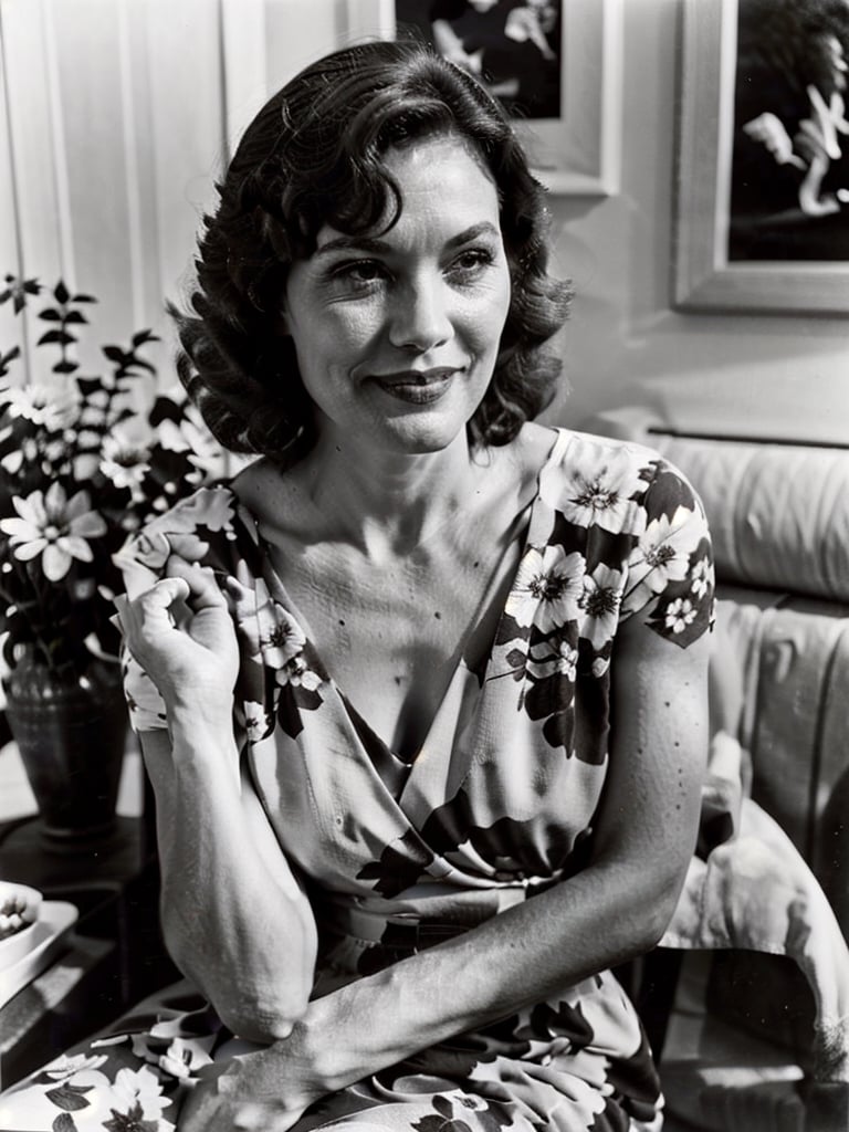 gray and white photo of a 45yo european lady with graying brown hair, wearing a summer floral dress,NoirStyle