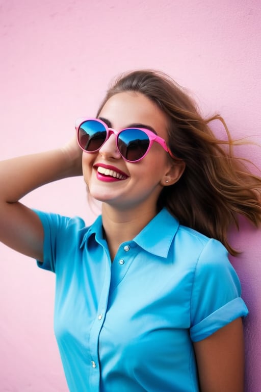 there is a young girl wearing sunglasses and a blue shirt, she expressing joy, joy gaze, joyful look, joy, pop art, she expressing joy, joy gaze, joyful look, joy, girl wearing round glasses, expressing joy, joytoy, pure joy, anya_taylor-joy, full of joy, joyful, funny sunglasses, wearing cool sunglasses,  funny sunglasses, wearing cool sunglasses, the joy of life, happy girl, joyful smirk, pink glasses