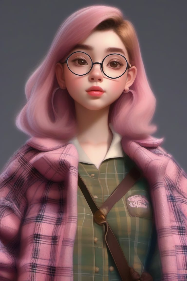 cartoon girl with glasses and a plaid coat with a pink bow, a character portrait inspired by WLOP, trending on Artstation, digital art, adorable digital painting, closeup character portrait, close up character, cute detailed digital art, pouty look :: octane render, 3 d render stylized, cartoon digital painting, character portrait closeup, highly detailed character design