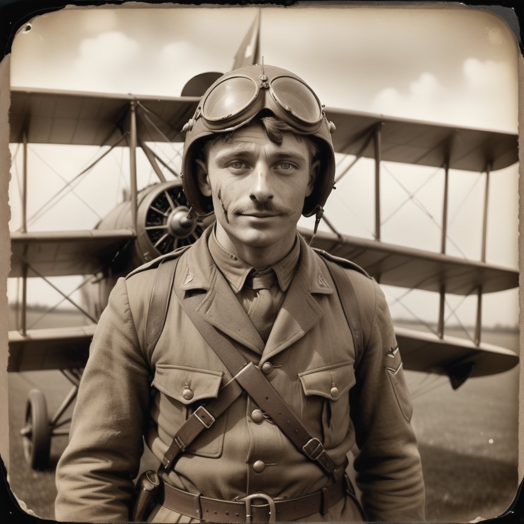 1914 photo of a RAF biplane pilot, WW1 pilot outfit, in a sepia style , ((old photo style)) , (( made with an  bellows camera)), the borders of the photo a damaged (old photo), Low quality photography, flash Bulb,photo r3al