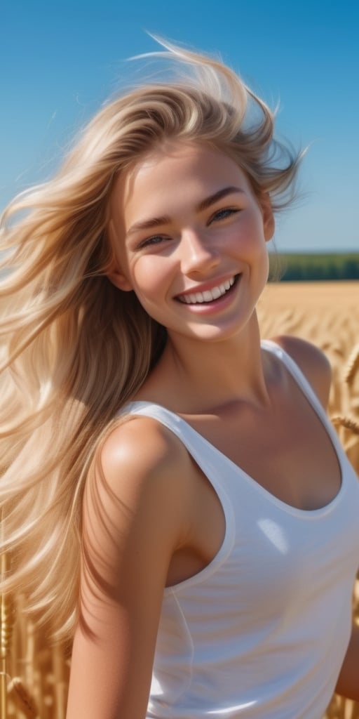 (ultra realistic,32k, masterpiece:1.2),(high detailed skin:1.1), 
( high quality:1.1), 
(masterpiece, best quality), best quality, masterpiece, photorealistic, ultrarealistic,   professional photograph shot on Canon EOS R6, 80mm,
A solo female, standing in a wheat field on a farm, on a bright summers day, bright blue sky with a few white fluffy clouds, ((with very long wavy blond hair over her shoulders, playing with her hair with her hands)), with the sun light on her faces and a open mouth smile, wearing a white T shirt and a small pair of white hot pant shorts.
Color Booster, More Detail,