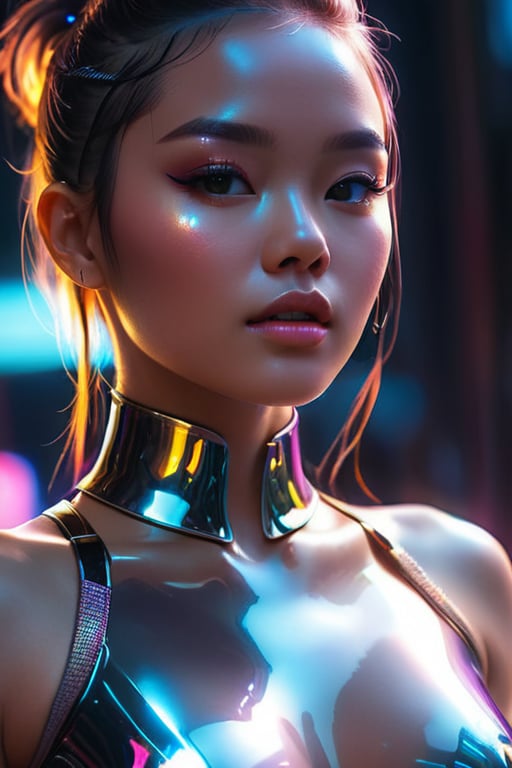 a close up of a woman wearing a shiny top and a choke, ross tran 8 k, glowing magical shiny skin, by Russell Dongjun Lu, beautiful digital artwork, brandon woelfel, ross tran style, bright cyberpunk glow, dreamy cyberpunk girl, artem demura beeple, cyberpunk vibes, in the style of ross tran, by Yanjun Cheng