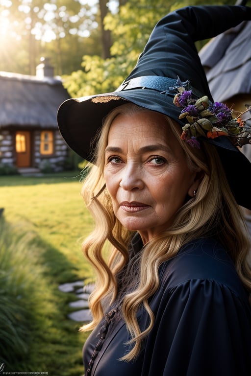 an old (witch:1.3) crone, wrinkled face, hair blowing in wind, (face focus:1.2), outside her (witch cottage:1.4) under trees, looking at viewer, realistic, masterpiece, highest quality, backlighting, (lens flare:1.1), (bloom:1.1), (chromatic aberration:1.1), by Jeremy Lipking, by Antonio J. Manzanedo