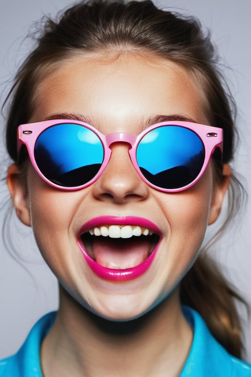 there is a young girl wearing sunglasses and a blue shirt, she expressing joy, joy gaze, joyful look, joy, pop art, she expressing joy, joy gaze, joyful look, joy, girl wearing round glasses, expressing joy, joytoy, pure joy, anya_taylor-joy, full of joy, joyful, funny sunglasses, wearing cool sunglasses,  funny sunglasses, wearing cool sunglasses, the joy of life, happy girl, joyful smirk, pink glasses