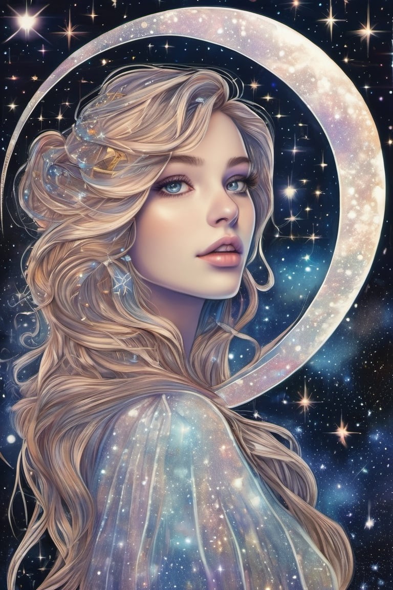 a detailed photo of a pretty girl with cosmic stars in its eyes with a moon back ground