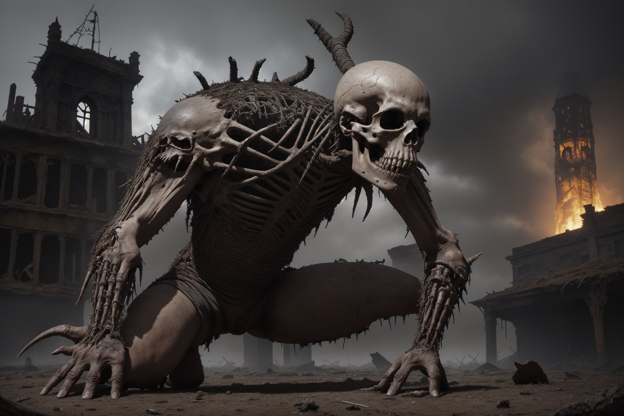 Ultra high resolution image of a skeletal warrior,  dry leathery skin hanging from its face in torn patches,  one eye still clearly visible in its socket,  wearing ornate rune encrusted black rusty damaged armour an axe in his hand,  kneeling on the ground. Dark gloomy old building in the background blood on the ground. All in the style of H. R. Giger Aliens.,
