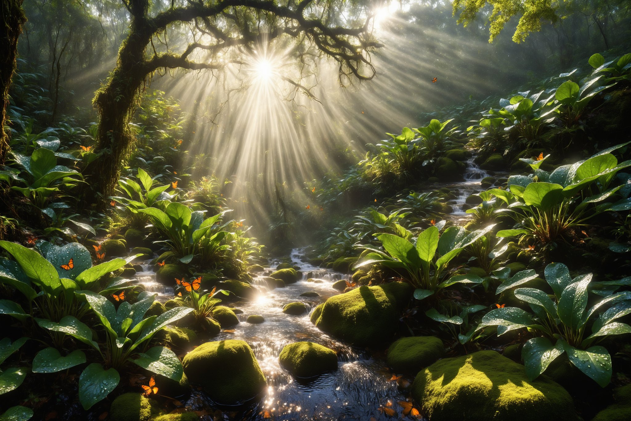 A close up wide angle panoramic photograph through dense giant shoulder high  wet dew drop covered leaves revealing a winding clear stream leading downwards through a clearing in a dense tropical forest. The stream drops down to a tall cascading waterfall dropping down in to a clear pool with black and white opals refelcting the sunlight in a miriad colours. BREAK Surrounded by flowers. Butterflies, frogs, mice, rabbits, foxes, birds and insects fly in and out of the laser straight rays of sunlight breaking through the canopy. The wet forest leaves and  shrubbery catches the light on a fresh crisp bright morning. Ultra High resolution photograph, 8k, SHD, HDR, Sharp focus, Depth of field. Digital painting ,DRG
