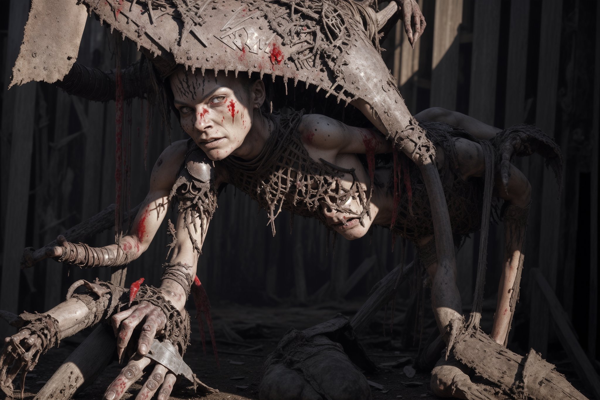 Ultra high resolution image of a skeletal female warrior,  dry leathery skin hanging from its face in torn patches,  one eye still clearly visible in its socket,  ((wearing ornate rune encrusted black rusty damaged armour)) an axe in hand, woman kneeling on the ground. Dark gloomy old building in the background blood on the ground. All in the style of H. R. Giger Aliens.,
,CarnageStyle, (blood_red:1.2),k4k3k,m4rg0t,perfect light,